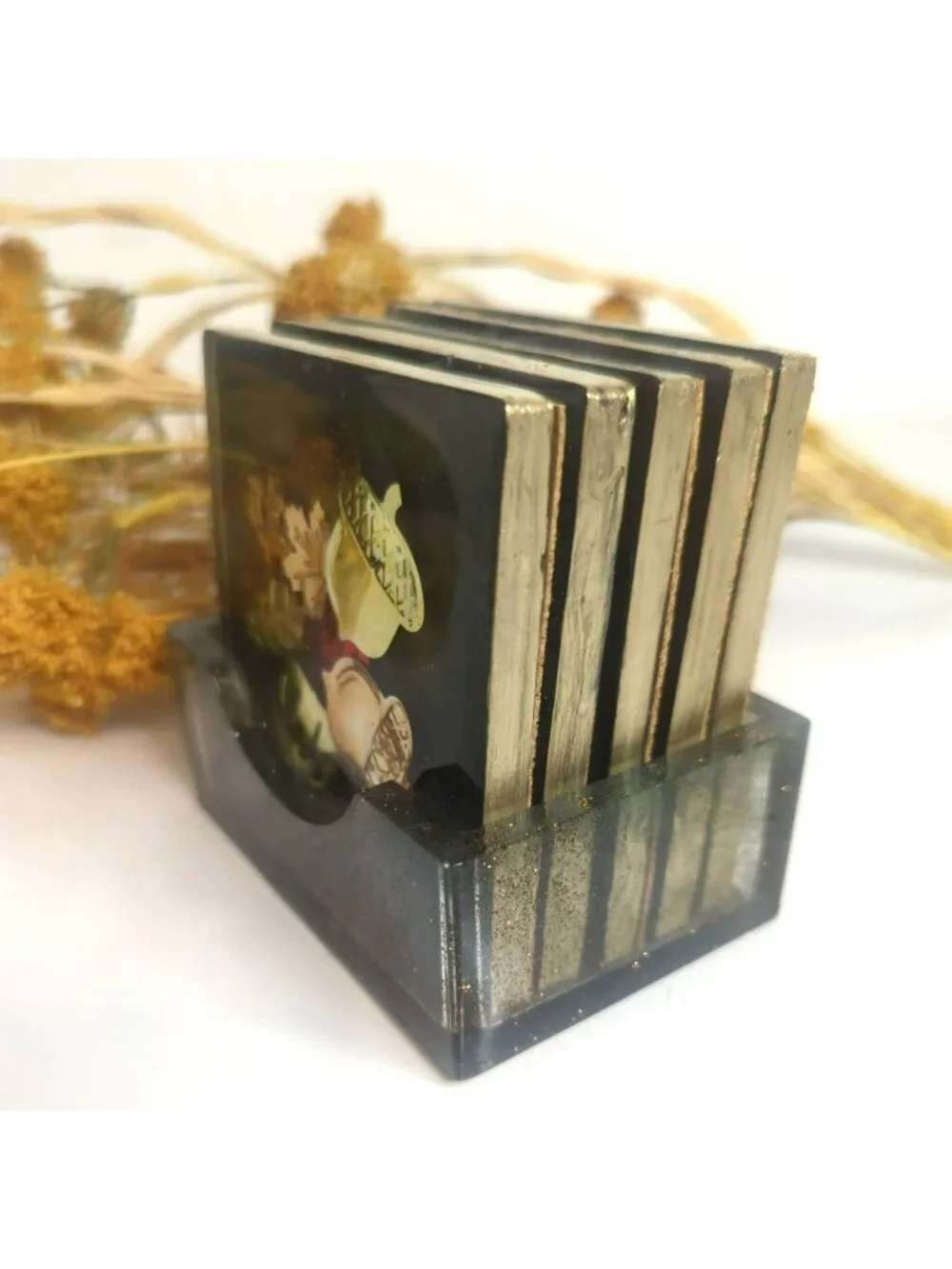 Handmade Resin Square Coaster Set With Holder Fall Autumn Themed Leaves Pumpkin